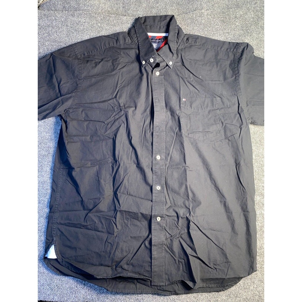 Tommy Hilfiger Shirt Mens XL Black Solid Midweight Pocket Collared Button Down